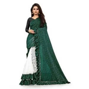 Silk With Mirror Lace Solid Saree With Unstitched Blouse (Green, 5-5 Mtrs)