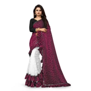 Silk With Mirror Lace Solid Saree With Unstitched Blouse (Pink, 5-5 Mtrs)