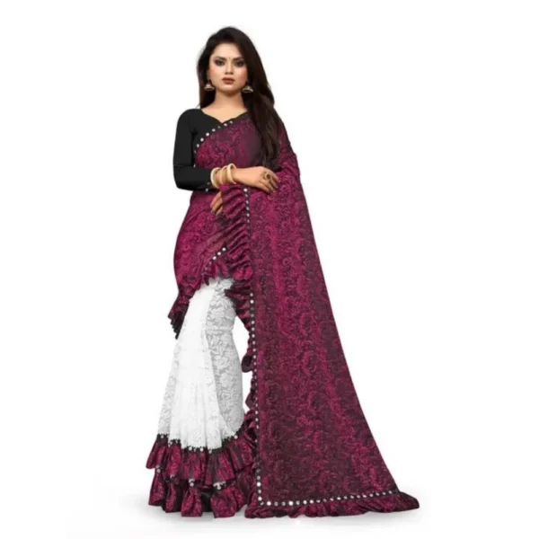 Silk With Mirror Lace Solid Saree With Unstitched Blouse (Pink, 5-5 Mtrs)