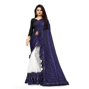 Silk With Mirror Lace Solid Saree With Unstitched Blouse (Blue, 5-5 Mtrs)