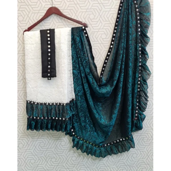 Silk With Mirror Lace Solid Saree With Unstitched Blouse (Rama, 5-5 Mtrs) - Image 2
