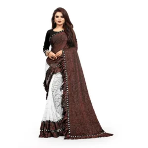 Silk With Mirror Lace Solid Saree With Unstitched Blouse (Brown, 5-5 Mtrs)