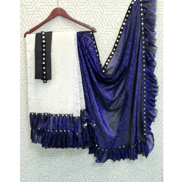 Silk With Mirror Lace Solid Saree With Unstitched Blouse (Blue, 5-5 Mtrs) - Image 2