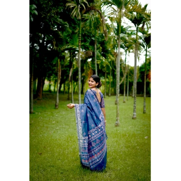 Cotton Printed Saree With Unstitched Blouse (Blue, 5.5 Mtr) - Image 2
