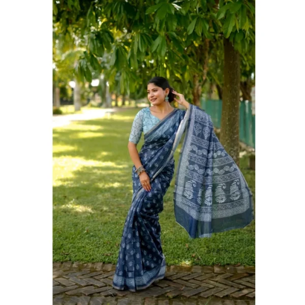 Cotton Printed Saree With Unstitched Blouse (Blue, 5.5 Mtr) - Image 2