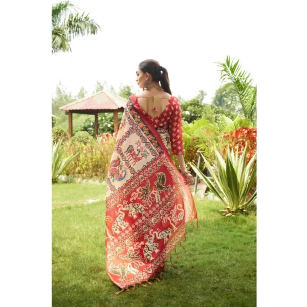 Tussar Silk Printed Saree With Unstitched Blouse (Maroon, 5.5 Mtr) - Image 3