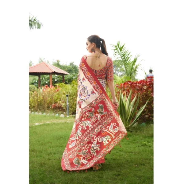Tussar Silk Printed Saree With Unstitched Blouse (Maroon, 5.5 Mtr) - Image 3
