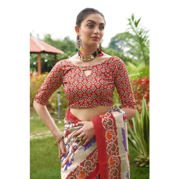 Tussar Silk Printed Saree With Unstitched Blouse (Maroon, 5.5 Mtr) - Image 4