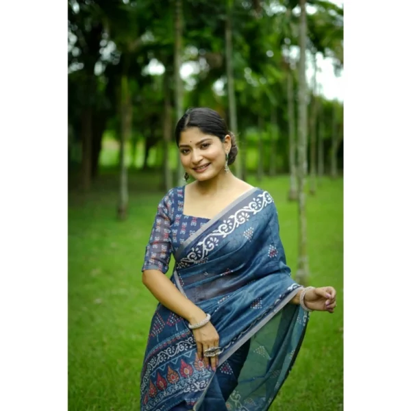 Cotton Printed Saree With Unstitched Blouse (Blue, 5.5 Mtr) - Image 3