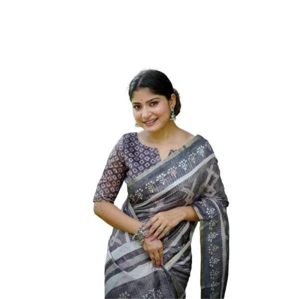 Cotton Printed Saree With Unstitched Blouse (Grey, 5.5 Mtr)