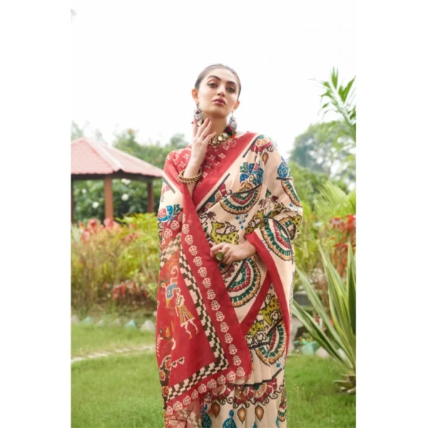 Tussar Silk Printed Saree With Unstitched Blouse (Maroon, 5.5 Mtr) - Image 4
