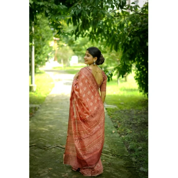 Cotton Printed Saree With Unstitched Blouse (Orange, 5.5 Mtr) - Image 2