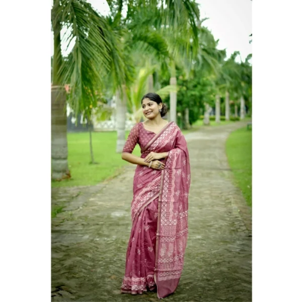 Cotton Printed Saree With Unstitched Blouse (Red, 5.5 Mtr) - Image 2