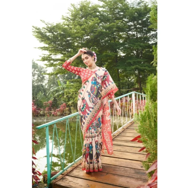 Tussar Silk Printed Saree With Unstitched Blouse (Maroon, 5.5 Mtr) - Image 4