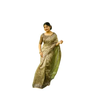 Cotton Printed Saree With Unstitched Blouse (Green, 5.5 Mtr)