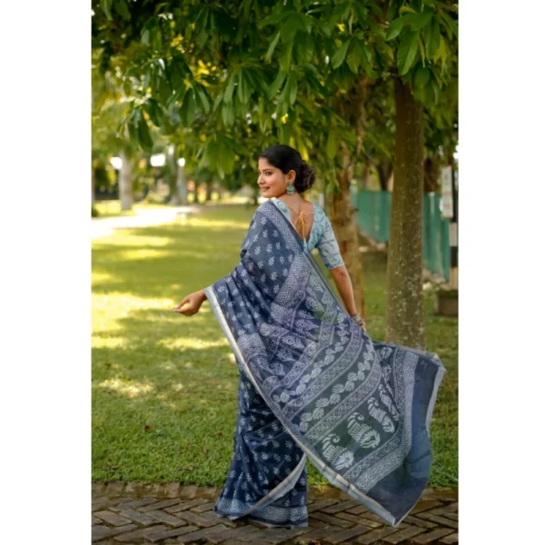 Cotton Printed Saree With Unstitched Blouse (Blue, 5.5 Mtr) - Image 3