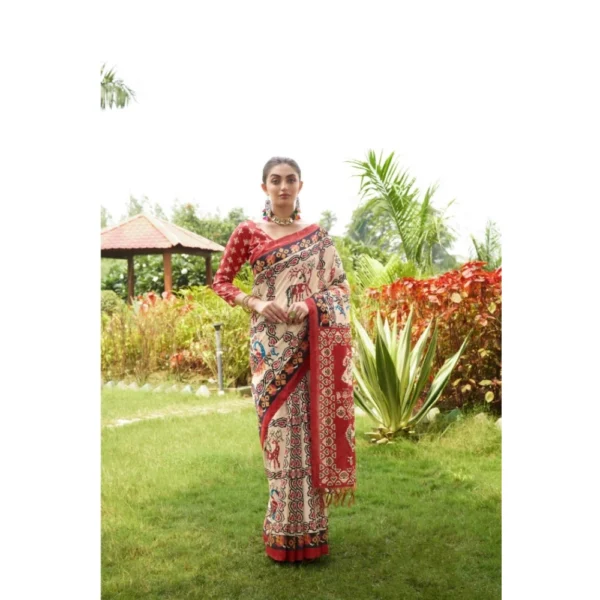 Tussar Silk Printed Saree With Unstitched Blouse (Maroon, 5.5 Mtr) - Image 2