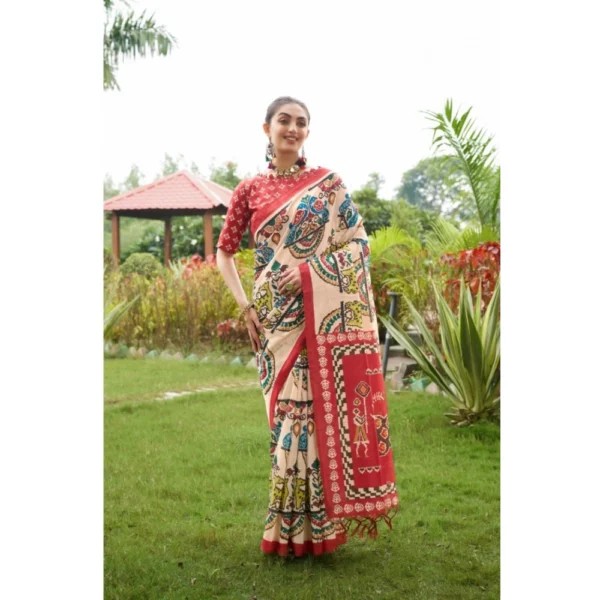 Tussar Silk Printed Saree With Unstitched Blouse (Maroon, 5.5 Mtr) - Image 2