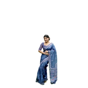 Cotton Printed Saree With Unstitched Blouse (Blue, 5.5 Mtr)