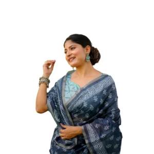 Cotton Printed Saree With Unstitched Blouse (Blue, 5.5 Mtr)