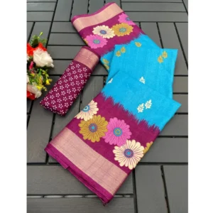 Cotton Blend Printed Saree With Unstitched Blouse (Light Blue, 5-5 Mtrs)