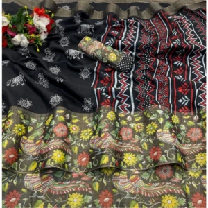 Silk Blend Printed Saree With Unstitched Blouse (Black, 5-5 Mtrs)