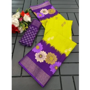 Cotton Blend Printed Saree With Unstitched Blouse (Dark Green, 5-5 Mtrs)