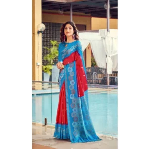 Cotton Blend Printed Saree With Unstitched Blouse (Red, 5-5 Mtrs)
