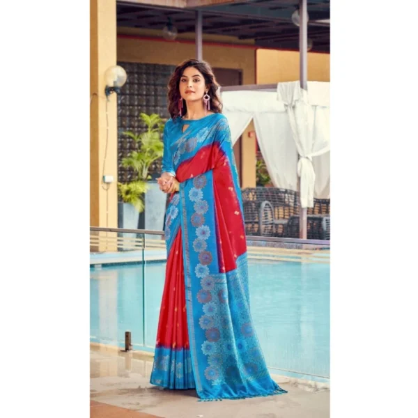 Cotton Blend Printed Saree With Unstitched Blouse (Red, 5-5 Mtrs)