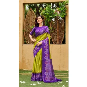 Cotton Blend Printed Saree With Unstitched Blouse (Dark Green, 5-5 Mtrs)