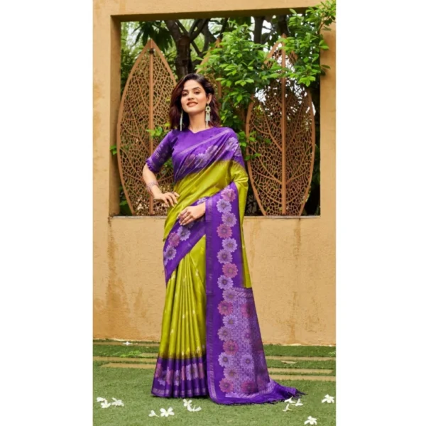 Cotton Blend Printed Saree With Unstitched Blouse (Dark Green, 5-5 Mtrs)