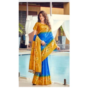 Cotton Blend Printed Saree With Unstitched Blouse (Blue, 5-5 Mtrs)