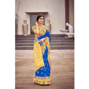 Cotton Blend Printed Saree With Unstitched Blouse (Blue, 5-5 Mtrs)