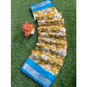 linen Printed Saree With Unstitched Blouse (Yellow, 5-5 Mtrs)