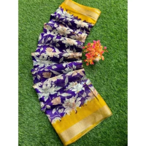 linen Printed Saree With Unstitched Blouse (Purple, 5-5 Mtrs)