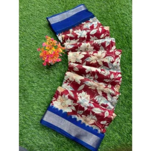 linen Printed Saree With Unstitched Blouse (Red, 5-5 Mtrs)