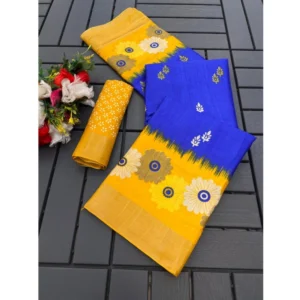 Cotton Blend Printed Saree With Unstitched Blouse (Blue, 5-5 Mtrs)