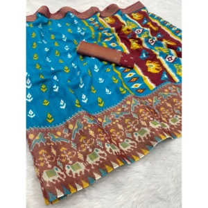 Silk Blend Printed Saree With Unstitched Blouse (Light Blue, 5-5 Mtrs)
