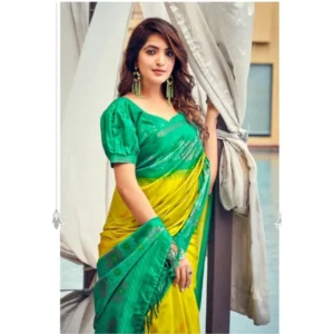Cotton Blend Printed Saree With Unstitched Blouse (Yellow, 5-5 Mtrs)