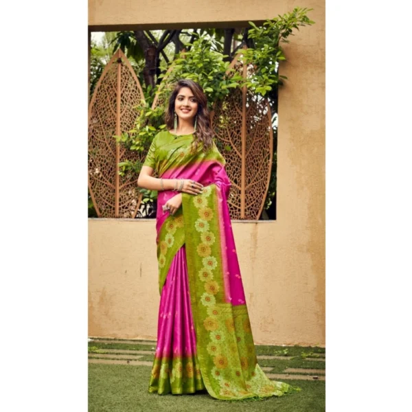 Cotton Blend Printed Saree With Unstitched Blouse (Pink, 5-5 Mtrs)