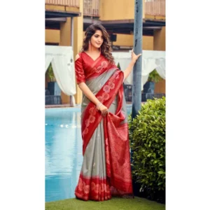 Cotton Blend Printed Saree With Unstitched Blouse (Grey, 5-5 Mtrs)