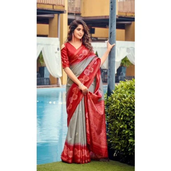 Cotton Blend Printed Saree With Unstitched Blouse (Grey, 5-5 Mtrs)