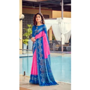 Cotton Blend Printed Saree With Unstitched Blouse (Red, 5-5 Mtrs)
