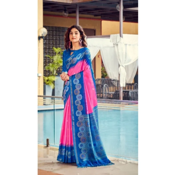 Cotton Blend Printed Saree With Unstitched Blouse (Red, 5-5 Mtrs)