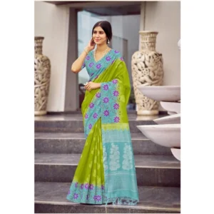 Cotton Blend Printed Saree With Unstitched Blouse (Green, 5-5 Mtrs)