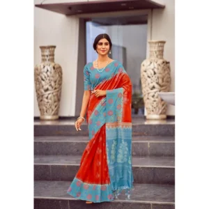Cotton Blend Printed Saree With Unstitched Blouse (Red, 5-5 Mtrs)