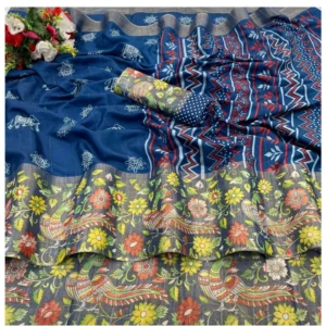 Silk Blend Printed Saree With Unstitched Blouse (Blue, 5-5 Mtrs)