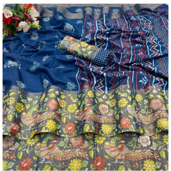 Silk Blend Printed Saree With Unstitched Blouse (Blue, 5-5 Mtrs)