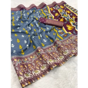 Silk Blend Printed Saree With Unstitched Blouse (Grey, 5-5 Mtrs)