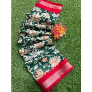 linen Printed Saree With Unstitched Blouse (Green, 5-5 Mtrs)